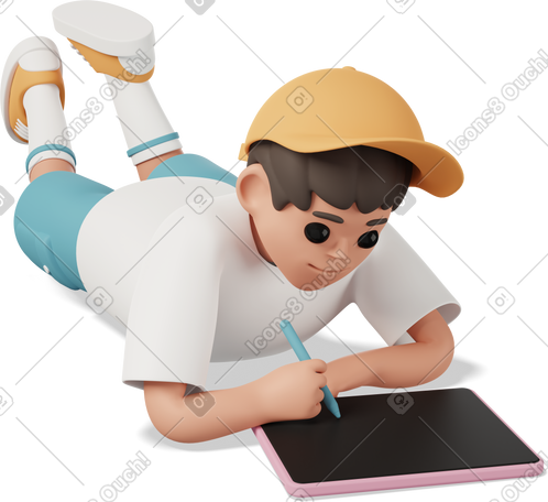 3D 男孩趴在肚子上，手里拿着手写笔使用平板电脑 PNG, SVG