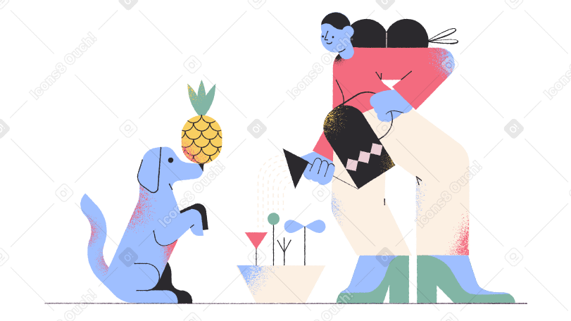 Femme arrosant des plantes et chien équilibrant un ananas sur son nez PNG, SVG
