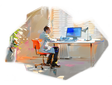 Oil painting of a doctor working on computer PNG, SVG