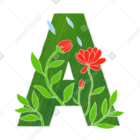 Large green letter a with red flowers Illustration in PNG, SVG