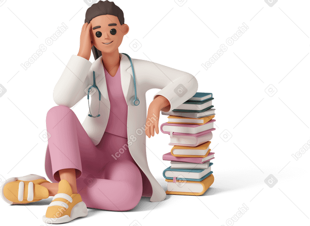 3D Доктор сидит на полу с книгами в PNG, SVG