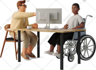 Young man and woman discussing a project on a computer PNG, SVG