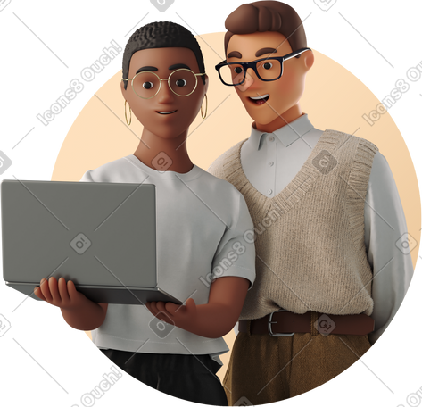 3D young man and woman looking at laptop together PNG, SVG