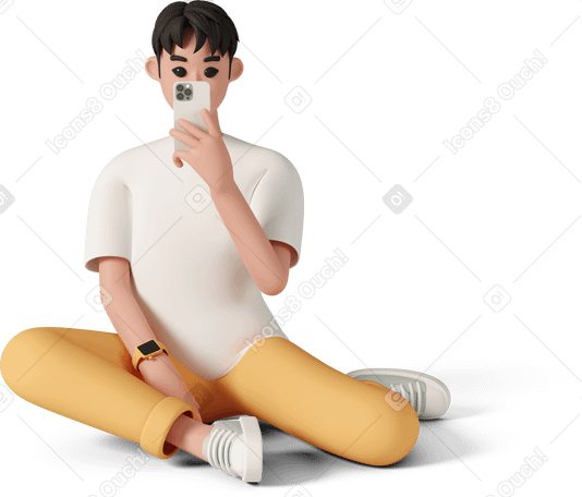3D young boy sitting on floor and making photo with smartphone PNG, SVG