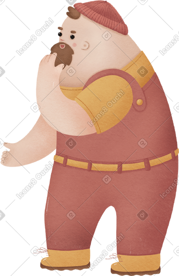 Man in the red jumpsuit stands thoughtfully with his hand on his beard PNG, SVG