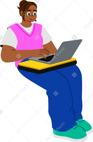 年轻女子坐在笔记本电脑前 PNG, SVG
