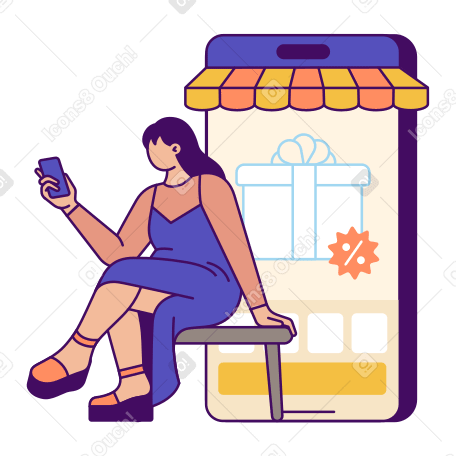Woman buying something online on her phone PNG, SVG