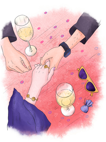 Man and a woman holding hands at a table on a date PNG, SVG