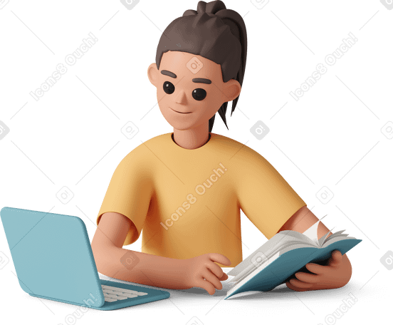 3D Chica estudiando con libro y laptop PNG, SVG