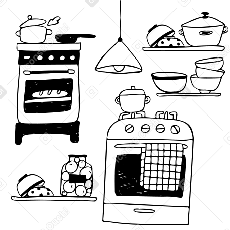 Kitchen with ovens, shelves and bowls PNG, SVG