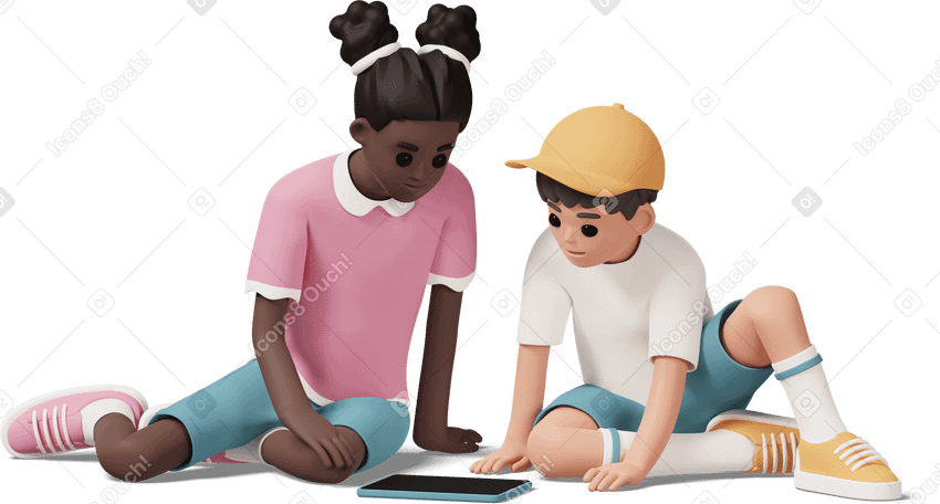 3D girl and boy sitting on floor and watching tablet Illustration in PNG, SVG