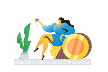 Mujer sentada sobre un montón de monedas con una bebida PNG, SVG
