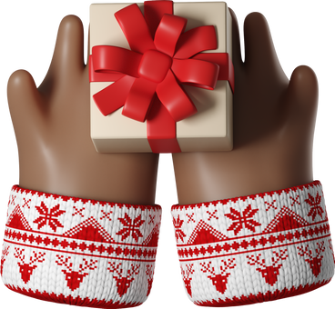 Dark brown skin hands in white Christmas sweater holding gift box PNG, SVG