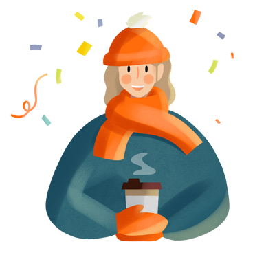 Young girl in jacket and orange hat with a glass of coffee in her hands PNG, SVG