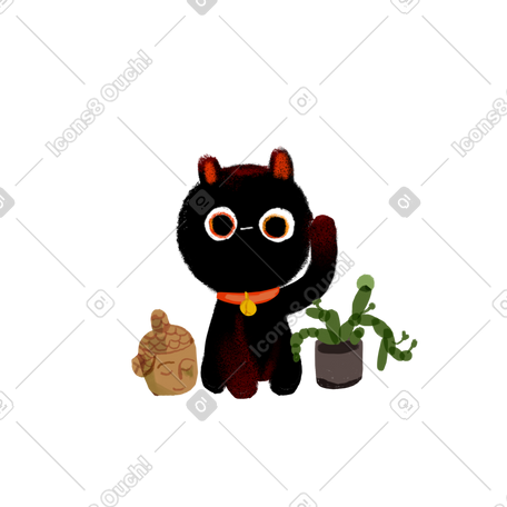 Black Maneki-neko with figurine and houseplant PNG, SVG