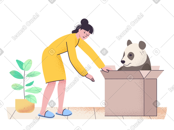 女人打开一份意想不到的礼物，里面有熊猫 PNG, SVG