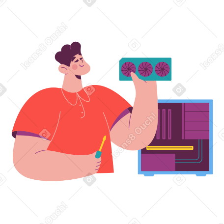 Man upgrading the system unit of a computer with a new graphic card Illustration in PNG, SVG