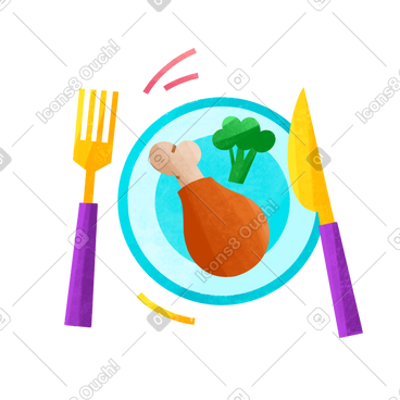 有鸡腿和花椰菜的餐具 PNG, SVG