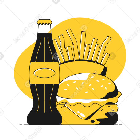 탄산음료, 감자튀김, 햄버거가 포함된 패스트푸드 주문 PNG, SVG