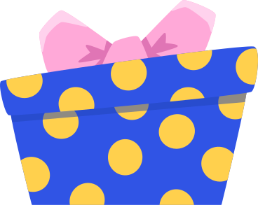 Синяя подарочная коробка с желтыми точками в горошек и розовым бантом в PNG, SVG