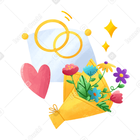 Jour du mariage avec des anneaux sur un oreiller et un bouquet de fleurs PNG, SVG