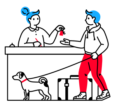 La réceptionniste de l'hôtel donne les clés à un client avec une valise et un chien PNG, SVG