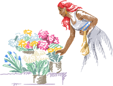 Young woman choosing flowers PNG、SVG