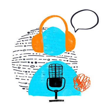 Person in headphones and with mic recording a podcast PNG, SVG