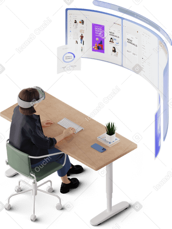 3D isometric view of young woman working in vr headset PNG, SVG