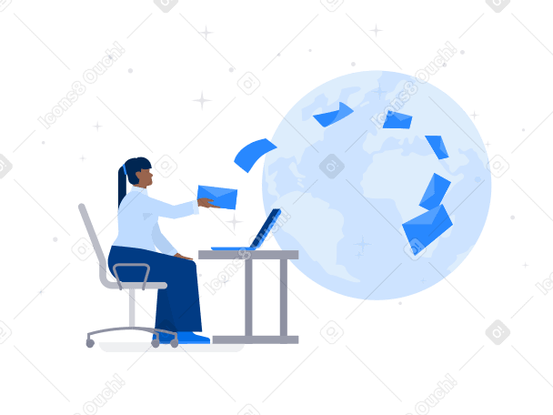 Woman with laptop sends mail around the world Illustration in PNG, SVG