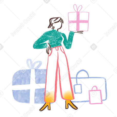 Woman standing with a bunch of presents Illustration in PNG, SVG
