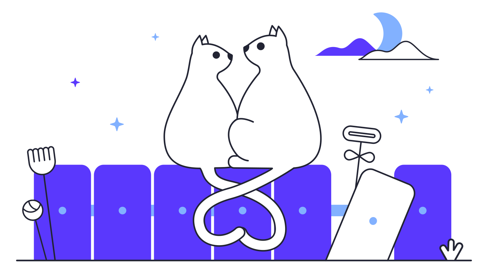 Two cats sitting on fence with tails in form of heart  Illustration in PNG, SVG