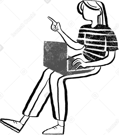 Donna in bianco e nero che si siede con il computer portatile PNG, SVG