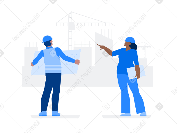 Male builder and female architect at the construction site Illustration in PNG, SVG