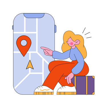 Girl sits on a suitcase near a phone with a navigator PNG, SVG