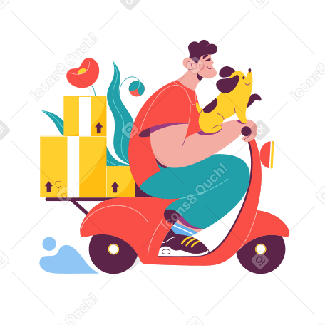 Man and dog delivering packages on a moped animated illustration in GIF, Lottie (JSON), AE