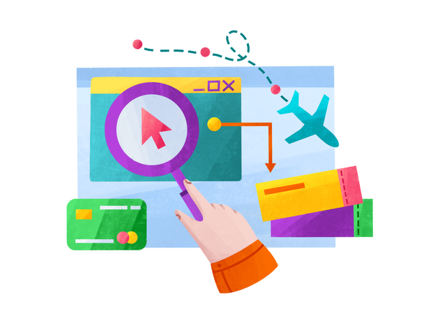 searching and buying airplane tickets online Illustration in PNG, SVG