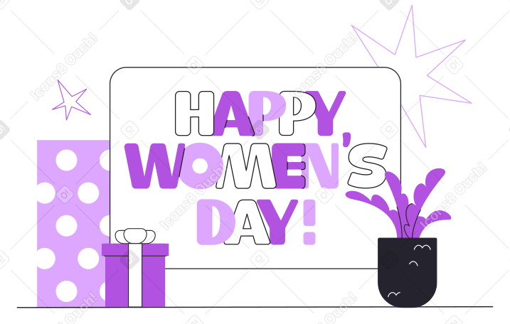Letras ¡feliz día de la mujer! con regalos y texto floral PNG, SVG