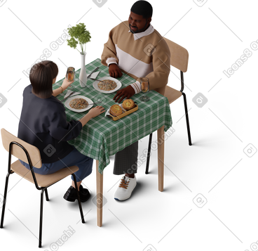 Isometric view of young girl and young man having dinner together PNG, SVG