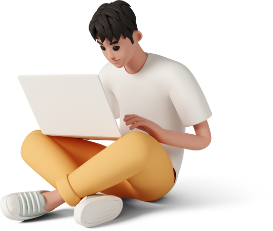 3D man sitting cross-legged and working on laptop PNG, SVG