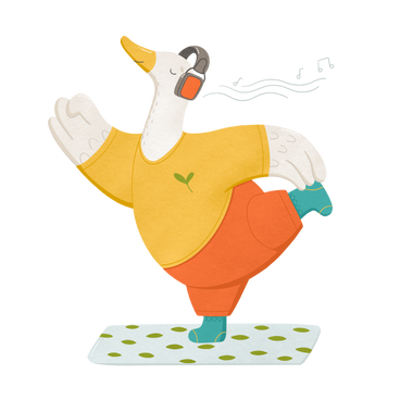 Goose listening to music while standing on one leg, closing his eyes, and doing gymnastics PNG, SVG
