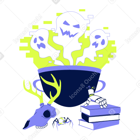 Halloween cauldron with deer skull and robot hand PNG, SVG