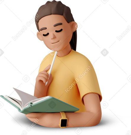 3D young woman reading book and holding pen Illustration in PNG, SVG