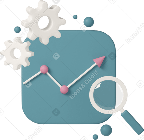 3D magnifying glass with chart and gears PNG, SVG