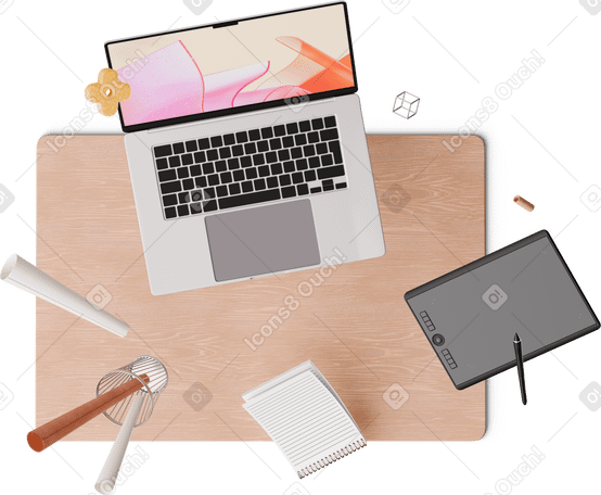 3D top view of designer's desk with laptop, tablet and notebook PNG, SVG