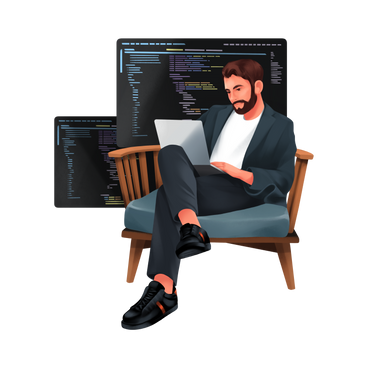 L'homme programme sur un ordinateur portable assis dans un fauteuil PNG, SVG