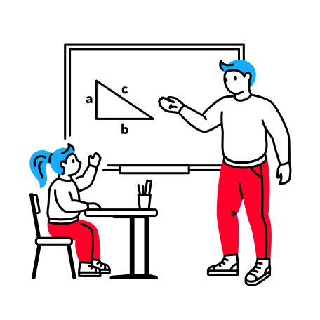 The teacher pointing at the blackboard and the pupil raising hand Illustration in PNG, SVG