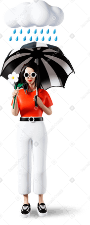 3D Woman with flower and umbrella standing in the rain PNG, SVG