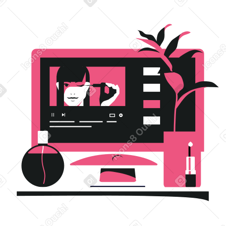 Beauty tutorial on the monitor screen, perfume and office plant on the table PNG, SVG