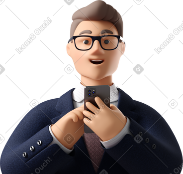 Close up of businessman in dark blue suit with phone looking straight PNG, SVG